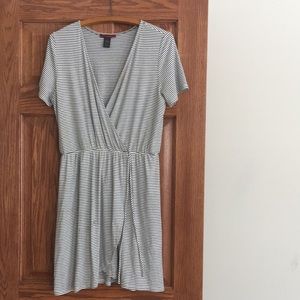 Black and white striped v neck tie dress